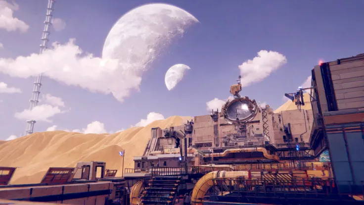 (((((masterpiece))))), detailed background, detailed, foreground, soft shadows, soft high lights, high quality, best quality, high resolution, highres, science fiction, scifi, (((clear image, sharp image, extremely detailed))), sky, clouds, moon, military base, no humans, utopia,