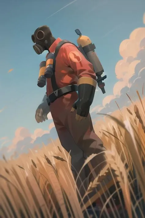 masterpiece, solo, full body, low-angle view, tf2pyro, redteam, gas mask, grenade, smiling, red jacket, detailed background, looking at viewer,  outdoors, wheat fields, flowers, nature, morning, haze, blue sky, sunny, <lora:pyrolorav1:0.8>