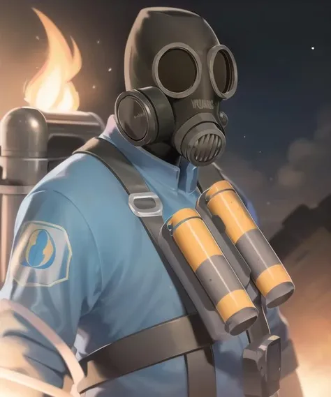 masterpiece, solo, full-length portrait, tf2pyro, bluteam, gas mask, grenade, smiling, blue jacket, detailed background, outdoors, night, fire, city on fire, looking at viewer, <lora:pyrolorav1:0.8>