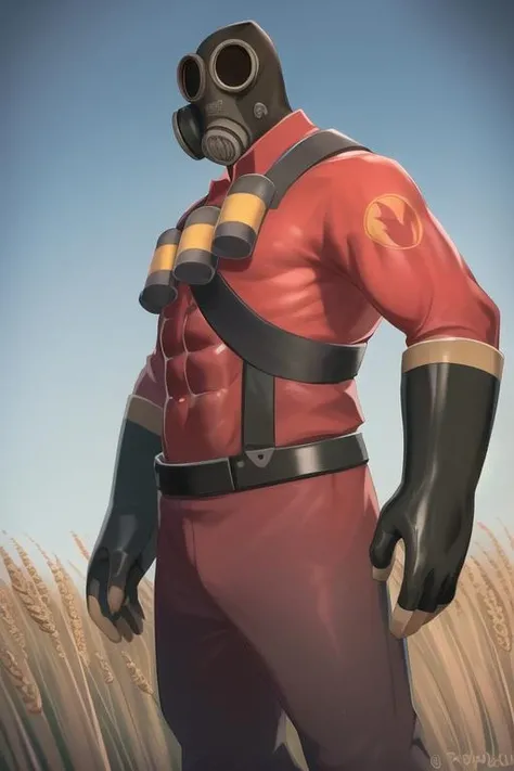 masterpiece, solo, three-quarter view, tf2pyro, redteam, gas mask, (((topless, muscular, bara, muscles, hyper muscles, abs))), detailed background, looking at viewer, outdoors, wheat fields, flowers, nature, morning, haze, blue sky, sunny, <lora:pyrolorav1:0.8>