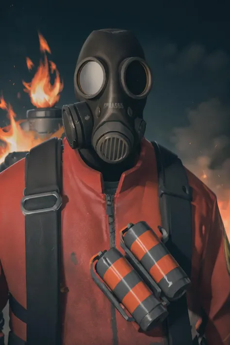 masterpiece, solo, portrait, tf2pyro, redteam, gas mask, grenade, smiling, red jacket, detailed background, outdoors, night, hell, fire, flames behind, looking at viewer, <lora:pyrolorav1:0.8>