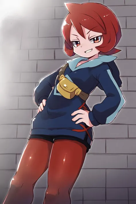 <lora:Zankuro_Style_Pony:0.7>, high resolution, highly detailed, perfect lighting, highly detailed eyes, solo, <lora:Arezu (Autism SDXL):0.8> 1girl, solo, arezu_(pokemon), short_hair, red_hair, red_eyes, cowlick upper body, looking at viewer, sidewalk, diamond clan outfit, blue hoodie, black shorts, red pantyhose, grin, hand on hip, contrapposto, smug,