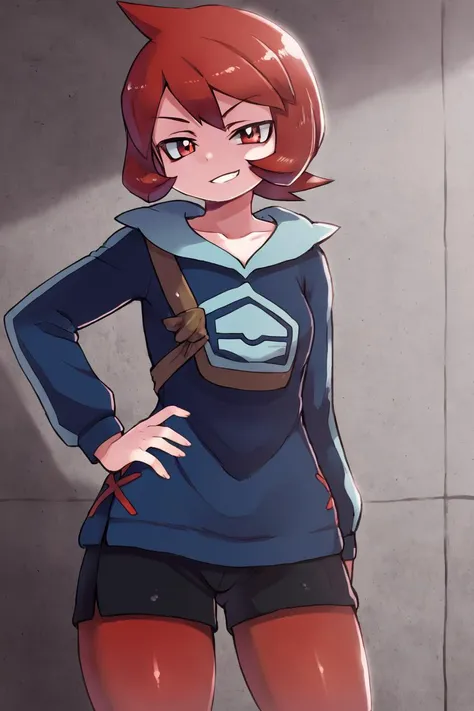 <lora:Zankuro_Style_Pony:0.7>,   high resolution, highly detailed, perfect lighting, highly detailed eyes, solo,   <lora:Arezu (Autism SDXL):0.8> 1girl, solo, arezu_(pokemon), short_hair, red_hair, red_eyes, cowlick upper body, looking at viewer, sidewalk, diamond clan outfit, blue hoodie, black shorts, red pantyhose, grin, hand on hip, contrapposto, smug, cowboy shot,