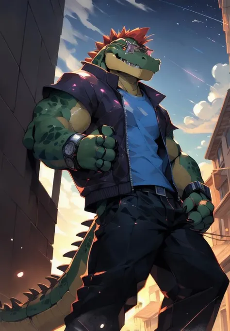 <lora:nj5furry-v2:1>, nj5furry, masterpiece, best quality, high resolution, digital painting \(artwork\), by (by canyne khai, (by takemoto arashi), by null-ghost, by kiyosan, by milkytiger1145), <lora:montgomerygator-v1-locon:1>, montgomerygator, mecha, animatronic, joints, robot joints, robot, non-humanoid robot, solo, 1male anthro, 1boy, scalie, alligator, red mohawk, star sunglasses, crocodile tail, full body, t-shirt, black t-shirt, standing, on rooftop, railings, clothed, jacket, hooded jacket, open jacket, purple jacket, wrist watch, digital watch, gloves, fingerless gloves, sneakers, pants, detailed eyes, red eyes, glowing eyes, glistening eyes, shadows, grin, grinning, glowing light particles, light particles, glowing bubbles, clouds, shadows, outdoors, patio, background, afternoon, sunlight, sunrays, glowing, stars, shooting stars, sky, clouds, detailed clouds, lens reflections.