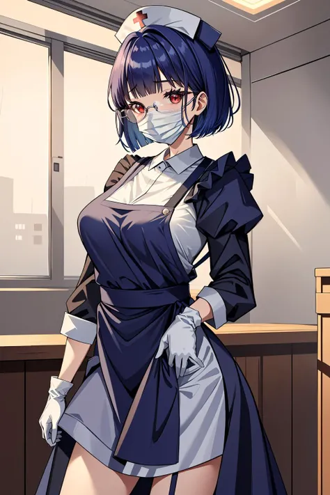 ((masterpiece, best quality, high quality)),1girl, (hospital), <lora:infirmary_v0.1:0.5> infirmary, <lora:Long Apron Nurse v2:0.8> (nurse_long_apron, apron, nurse cap, surgical mask, latex gloves, long sleeves,long dress), <lora:Aya Miiko:0.7> (1girl, 3dcg 03, aya miiko, blue hair, blunt bangs, bob cut, large breasts, medium breasts, red eyes, semi-rimless eyewear, short hair, sidelocks),