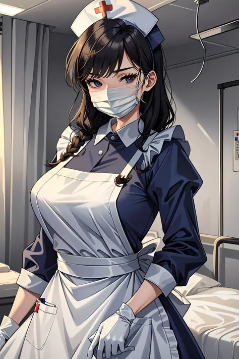 ((masterpiece, best quality, high quality)),1girl, (hospital), <lora:infirmary_v0.1:0.5> infirmary, <lora:Long Apron Nurse v2:0.8> (nurse_long_apron, apron, nurse cap, surgical mask, latex gloves, long sleeves,long dress),