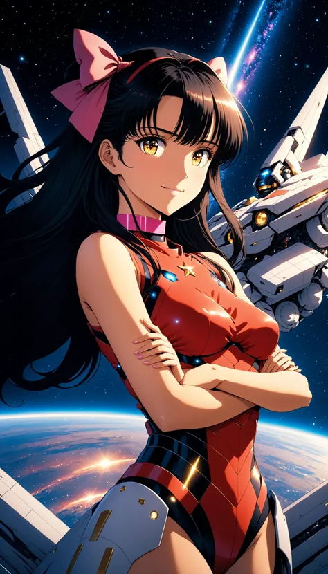 1girl, black hair, brown eyes, closed mouth, crossed arms, flower, hair bow, letterboxed, long hair, looking at viewer, medium breasts, mj manga, pink eyes, red choker, robot, smile, space, star (sky), weapon, yellow eyes, cinematic angle, cinematic lighting, masterpiece, best quality, official art <lora:MJMangaSDXL:1>