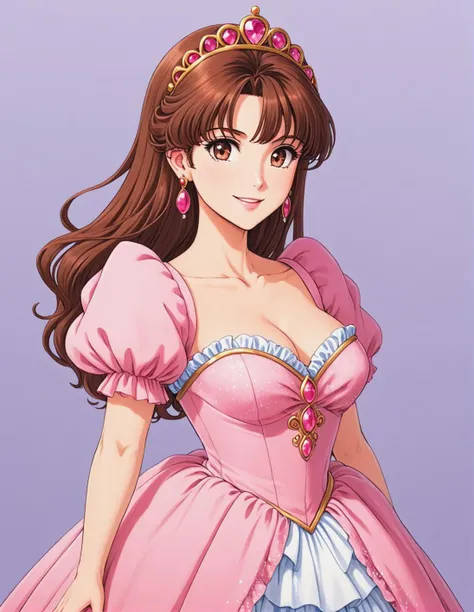 1girl, solo, , brown hair, ,v neckline, cleavage, (princess:1.1), (pink detailed frilled dress, princess dress, gown), (puffy short sleeves:1.1), tiara,earrings,, ,,relaxed posture, elbows extended, standing, ,,smile,, , <lora:ALTXL_001_4:2>, medium quality, BREAK <lora:MJMangaSDXL:1:lbw=1,0,0,0,0,0,0,0,0,0,0,0,0,0,1,1,1,1,1,1,1,1,0,0,0,0> ,mj manga, /* A private Lora related to light intensity adjustment etc. was added */