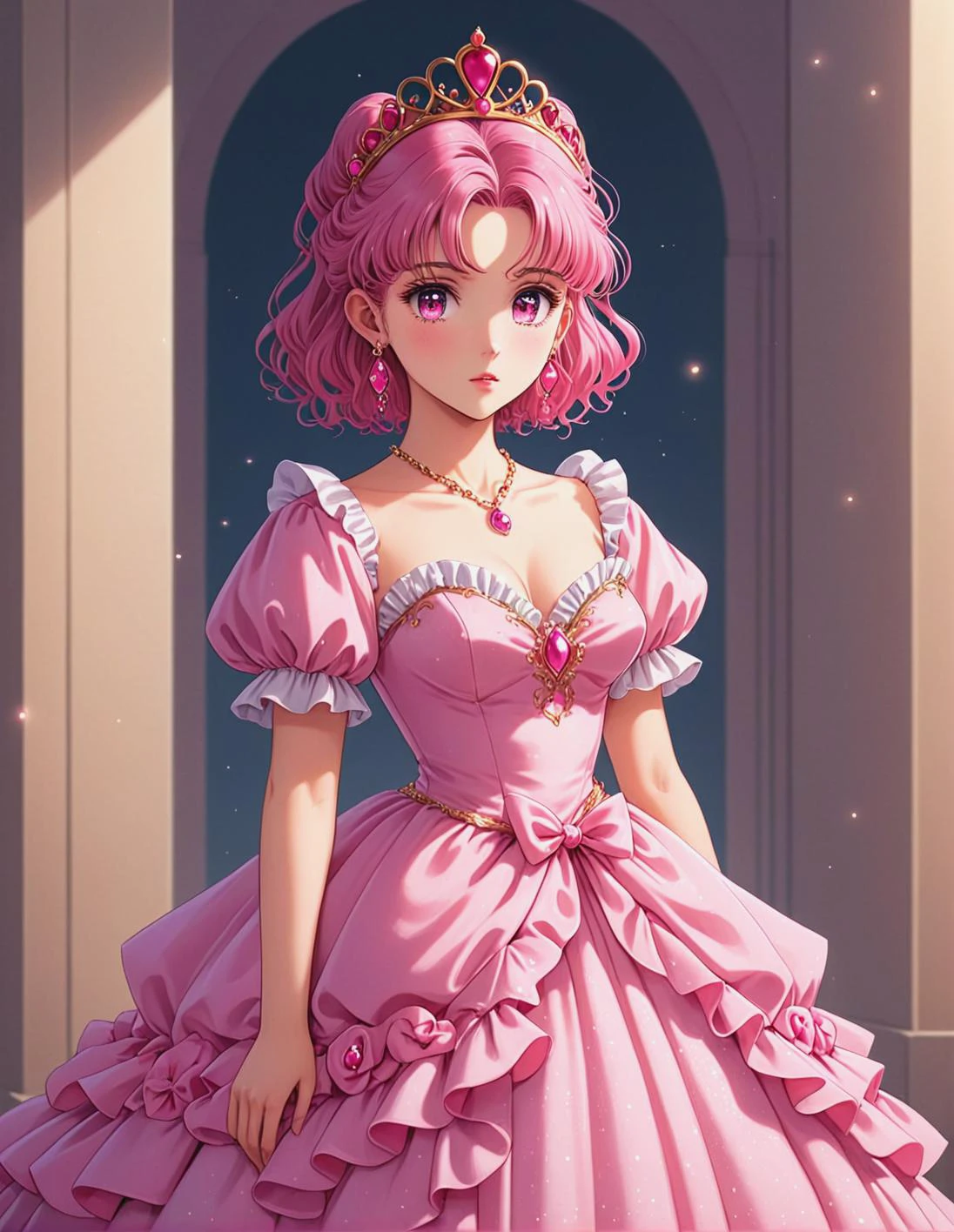 1girl, solo,18 years old, , ,v neckline, cleavage, (princess:1.1), (pink detailed frilled dress, princess dress, gown), (puffy short sleeves:1.1), tiara,earrings,, ,,standing ,,,expressionless face,,cute,kawaii , <lora:ALTXL_001_4:2>, ,best quality,medium quality, BREAK <lora:MJMangaSDXL:1:lbw=1,0,0,0,0,0,0,0,0,0,0,0,0,0,1,1,1,1,1,1,1,1,0,0,0,0> ,mj manga, /* A private Lora related to light intensity adjustment etc. was added */