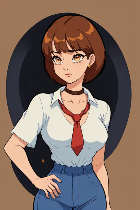 1girl, bangs, brown eyes, closed mouth, collarbone, collared shirt, dress, holding, jeans, jewelry, medium breasts, mj manga, necktie, portrait, retro artstyle, scar, short hair, solo, spacecraft, tears <lora:MjManga:0.8>