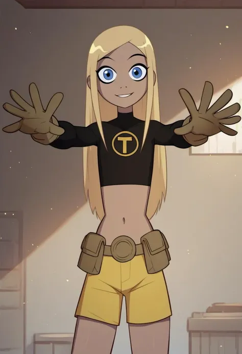<lora:Terra_TEEN_TITANS_for_PonyXL:1>, terra_markov, 1girl, solo, gloves, navel, midriff, indoors, outstretched arms, shorts, smile, crop top, belt, yellow shorts, cowboy shot, dark skin, long sleeves, dark-skinned female, shirt, looking at viewer, standing, flat chest, pouch, score_9, score_8_up, score_7_up, score_6_up, score_5_up, score_4_up