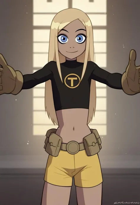 <lora:Terra_TEEN_TITANS_for_PonyXL:1>, terra_markov, 1girl, solo, gloves, navel, midriff, indoors, outstretched arms, shorts, smile, crop top, belt, yellow shorts, cowboy shot, dark skin, long sleeves, dark-skinned female, shirt, looking at viewer, standing, flat chest, pouch, score_9, score_8_up, score_7_up, score_6_up, score_5_up, score_4_up