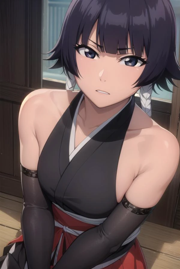 ultra-realistic 8k CG, masterpiece, ((ultra detailed background, expressive eyes, fine drawing, intricate details, high detail, better quality fine details, hyper-detailed face)), (photorealistic: 1.4), beautiful lighting, absurdity, RAW photo, film grain, soi fon, 1girl, solo, dark black hair, black eyes, makeup, side strands, ((medium breasts, slim girl)), ((bleach clothing)), ((intricately detailed background, inside, dim lighting, moody lighting, inside bedroom inside)), ((close-up, portrait))