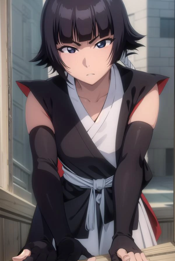 soifon, <lyco:soifon-lyco-nochekaiser:1>,
soifon, short hair, bangs, black hair, short hair with long locks, (black eyes:1.5),
BREAK gloves, japanese clothes, elbow gloves, hakama, black hakama, (haori:1.5), black kimono, long sleeves, wide sleeves,
BREAK outdoors,
BREAK looking at viewer,
BREAK <lyco:GoodHands-beta2:1>, (masterpiece:1.2), best quality, high resolution, unity 8k wallpaper, (illustration:0.8), (beautiful detailed eyes:1.6), extremely detailed face, perfect lighting, extremely detailed CG, (perfect hands, perfect anatomy),