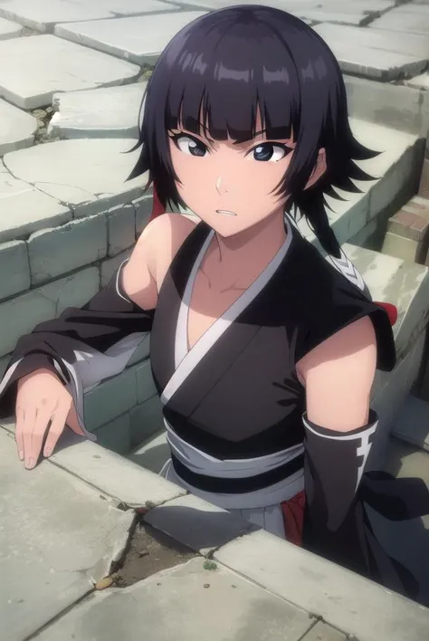 soifon, <lyco:soifon-lyco-nochekaiser:1>,
soifon, short hair, bangs, black hair, short hair with long locks, (black eyes:1.5),
BREAK gloves, japanese clothes, elbow gloves, hakama, black hakama, (haori:1.5), black kimono, long sleeves, wide sleeves,
BREAK outdoors,
BREAK looking at viewer,
BREAK <lyco:GoodHands-beta2:1>, (masterpiece:1.2), best quality, high resolution, unity 8k wallpaper, (illustration:0.8), (beautiful detailed eyes:1.6), extremely detailed face, perfect lighting, extremely detailed CG, (perfect hands, perfect anatomy),