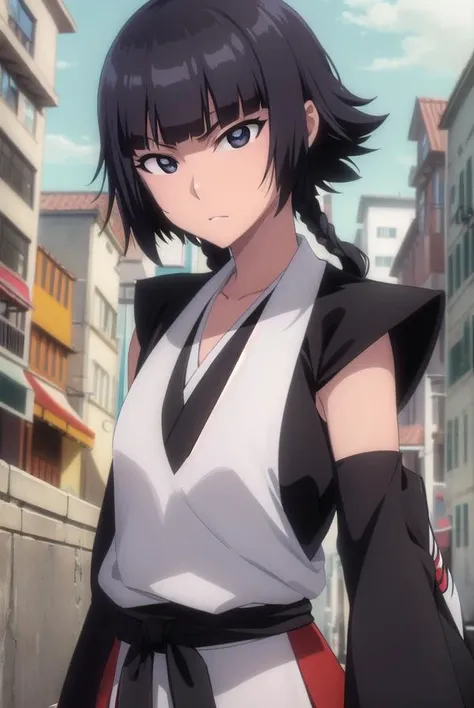 soifon, <lyco:soifon-lyco-nochekaiser:1>,
soifon, short hair, bangs, black hair, short hair with long locks, (black eyes:1.5),
BREAK gloves, japanese clothes, elbow gloves, hakama, black hakama, (haori:1.5), black kimono, long sleeves, wide sleeves,
BREAK outdoors,
BREAK looking at viewer,
BREAK <lyco:GoodHands-beta2:1>, (masterpiece:1.2), best quality, high resolution, unity 8k wallpaper, (illustration:0.8), (beautiful detailed eyes:1.6), extremely detailed face, perfect lighting, extremely detailed CG, (perfect hands, perfect anatomy),