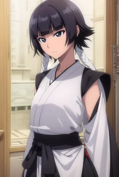 soifon, <lyco:soifon-lyco-nochekaiser:1>,
soifon, short hair, bangs, black hair, short hair with long locks, (black eyes:1.5),
BREAK gloves, japanese clothes, elbow gloves, hakama, black hakama, haori, (white haori:1.5), black kimono, long sleeves, wide sleeves,
BREAK outdoors,
BREAK looking at viewer,
BREAK <lyco:GoodHands-beta2:1>, (masterpiece:1.2), best quality, high resolution, unity 8k wallpaper, (illustration:0.8), (beautiful detailed eyes:1.6), extremely detailed face, perfect lighting, extremely detailed CG, (perfect hands, perfect anatomy),