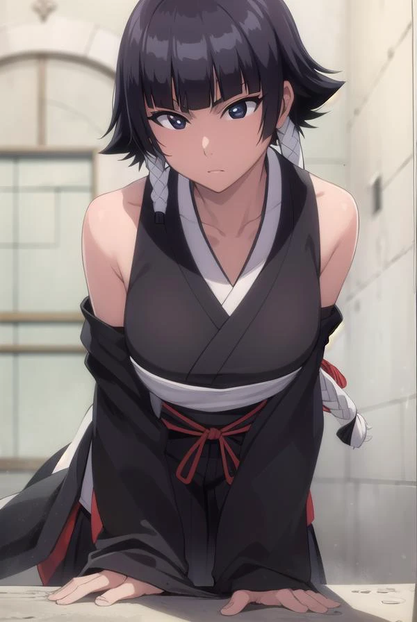 soifon, <lyco:soifon-lyco-nochekaiser:1>,
soifon, short hair, bangs, black hair, short hair with long locks, (black eyes:1.5),
BREAK gloves, japanese clothes, elbow gloves, hakama, black hakama, (haori:1.5), black kimono, long sleeves, wide sleeves,
BREAK outdoors,
BREAK looking at viewer,
BREAK <lyco:GoodHands-beta2:1>, (masterpiece:1.2), best quality, high resolution, unity 8k wallpaper, (illustration:0.8), (beautiful detailed eyes:1.6), extremely detailed face, perfect lighting, extremely detailed CG, (perfect hands, perfect anatomy),