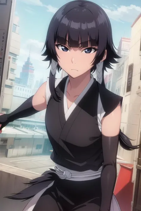 soifon, <lyco:soifon-lyco-nochekaiser:1>,
soifon, short hair, bangs, black hair, short hair with long locks, (black eyes:1.5),
BREAK gloves, japanese clothes, elbow gloves, hakama, black hakama, haori, (white haori:1.5), black kimono, long sleeves, wide sleeves,
BREAK outdoors,
BREAK looking at viewer,
BREAK <lyco:GoodHands-beta2:1>, (masterpiece:1.2), best quality, high resolution, unity 8k wallpaper, (illustration:0.8), (beautiful detailed eyes:1.6), extremely detailed face, perfect lighting, extremely detailed CG, (perfect hands, perfect anatomy),
