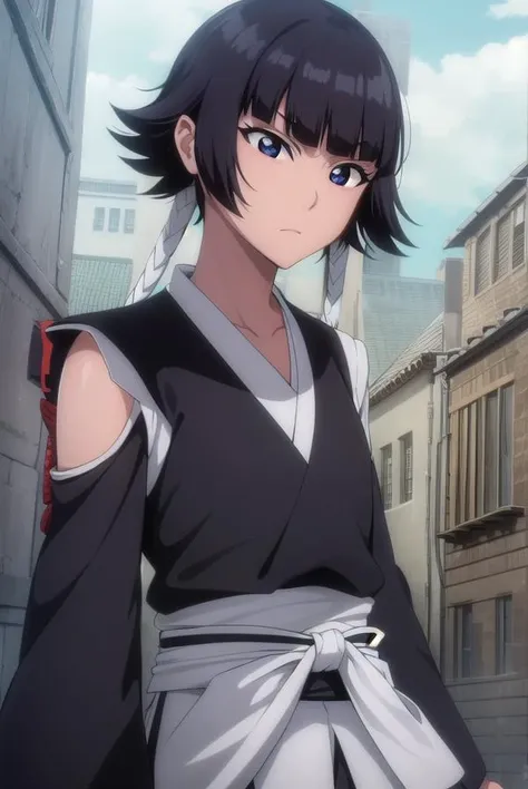 soifon, <lyco:soifon-lyco-nochekaiser:1>,
soifon, short hair, bangs, black hair, short hair with long locks, (black eyes:1.5),
BREAK gloves, japanese clothes, elbow gloves, hakama, black hakama, haori, (white haori:1.5), black kimono, long sleeves, wide sleeves,
BREAK outdoors,
BREAK looking at viewer,
BREAK <lyco:GoodHands-beta2:1>, (masterpiece:1.2), best quality, high resolution, unity 8k wallpaper, (illustration:0.8), (beautiful detailed eyes:1.6), extremely detailed face, perfect lighting, extremely detailed CG, (perfect hands, perfect anatomy),