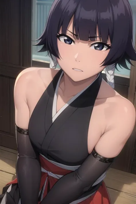 soifon, <lyco:soifon-lyco-nochekaiser:1>,
soifon, short hair, bangs, black hair, short hair with long locks, (black eyes:1.5),
BREAK gloves, bare shoulders, japanese clothes, elbow gloves, hakama, black hakama,
BREAK outdoors,
BREAK looking at viewer,
BREAK <lyco:GoodHands-beta2:1>, (masterpiece:1.2), best quality, high resolution, unity 8k wallpaper, (illustration:0.8), (beautiful detailed eyes:1.6), extremely detailed face, perfect lighting, extremely detailed CG, (perfect hands, perfect anatomy),