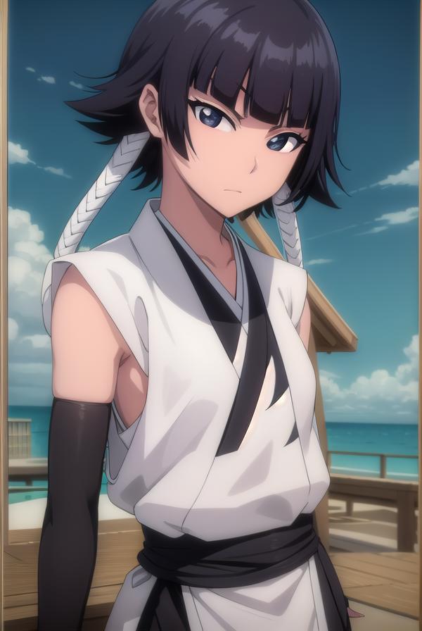 A woman in a white shirt and black pants standing on a deck - SeaArt AI