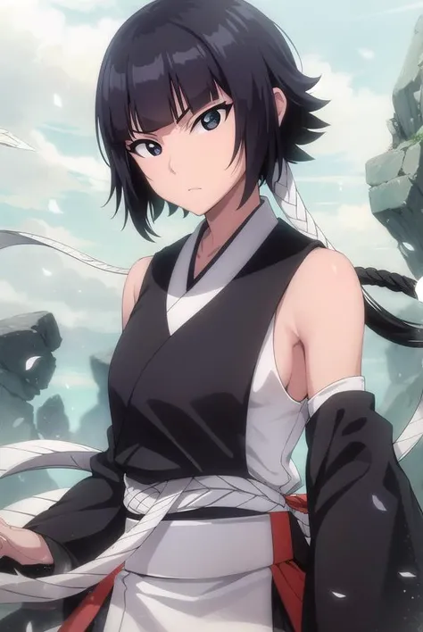 soifon, <lyco:soifon-lyco-nochekaiser:1>,
soifon, short hair, bangs, black hair, short hair with long locks, (black eyes:1.5),
BREAK gloves, japanese clothes, elbow gloves, hakama, black hakama, (haori:1.5), black kimono, long sleeves, wide sleeves,
BREAK outdoors,
BREAK looking at viewer,
BREAK <lyco:GoodHands-beta2:1>, (masterpiece:1.2), best quality, high resolution, unity 8k wallpaper, (illustration:0.8), (beautiful detailed eyes:1.6), extremely detailed face, perfect lighting, extremely detailed CG, (perfect hands, perfect anatomy),
