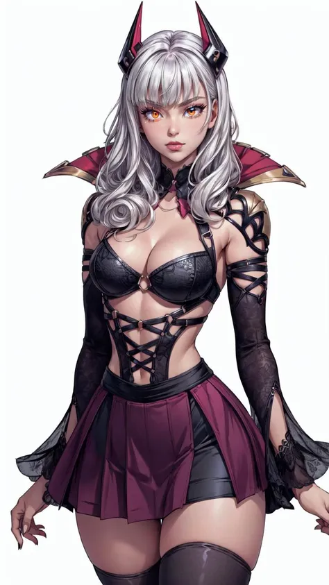 (1girl, solo, masterpiece, 4k, best quality:1.2, (cowboy shot), best quality:1.2, NICE HANDS, COLORFUL, (perfect hands, perfect anatomy)),
defcarmilla, cleavage, revealing clothes, horns, detached sleeves, black thighhighs,
((medium breasts, medium hips, looking at the viewer)), ((small skirt)),
((simple background, white background)), <lora:GoodHands-vanilla:1>