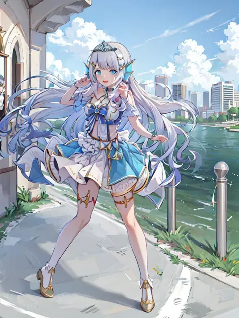 ( doris ), hololive, 1girl, (masterpiece), (best-quality), (detailed), white hair, blue eyes, cute, large_breasts, long hair, head fins, tiara, looking at viewer, facing viewer, park, road, lamp, city, tree, full_body,
