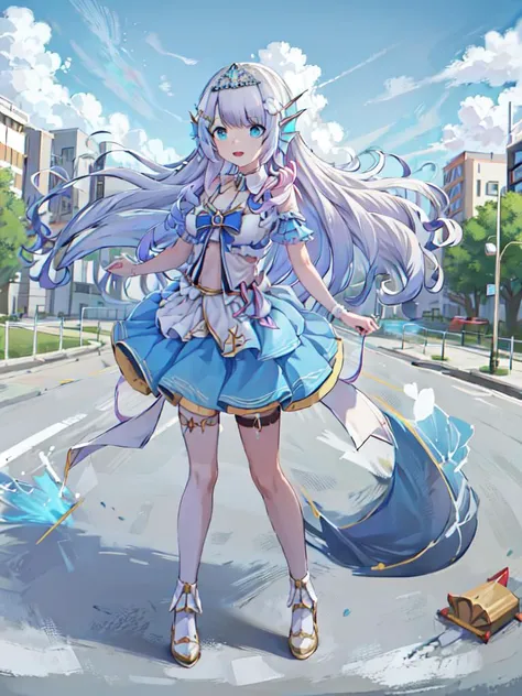 ( doris ), hololive, 1girl, (masterpiece), (best-quality), (detailed), white hair, blue eyes, cute, large_breasts, long hair, head fins, tiara, looking at viewer, facing viewer, park, road, lamp, city, tree, full_body,