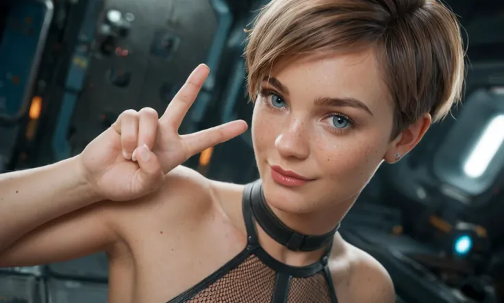 score_9, score_8_up, score_7_up, 1girl,(full body shown), pixie cut, short brown hair, light brown hair, blue eyes, light-skinned female, smiling, making a peace sign with her right hand, wearing a futuristic, form-fitting outfit with metallic and mesh details, black and gold color scheme, exposed shoulders and sides, background of a sci-fi or post-apocalyptic setting, well-lit, focus on the character, subtle freckles on face, confident and friendly expression, 8k, very sharp, very detailed, cinematic view, dynamic pose, dramatic angle, petite body, <lora:AmateurStyle_v1_PONY_REALISM:0.3>, <lora:CinematicStyle_v1:0.5>, <lora:perfection style:0.3>, <lora:Pony_DetailV2.0:1>
