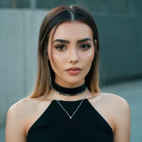 High res closeup portrait photo of a woman with long straight wearing a thin choker, f /2.8, Canon, 85mm,cinematic, high quality, skin texture, looking at the camera, <lora:andbotez_xl_1_standard_merger_40_65_83_04_02_04:1>