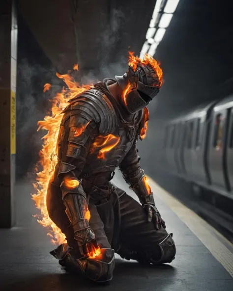 hyperdetailed photography,masterpiece,awardwinning,128k uhd,cndrlord,inpatient man in a flaming armor waiting for a train in a subway,<lora:lordofcinders:0.7>,raw photo,sharp focus,bokeh,epic