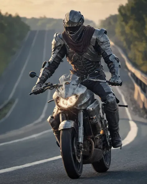 hyperdetailed photography,masterpiece,awardwinning,128k uhd,cndrlord,man in armor on a motorbike driving on a highway ,<lora:lordofcinders:0.7>,raw photo,sharp focus,bokeh,epic,official art