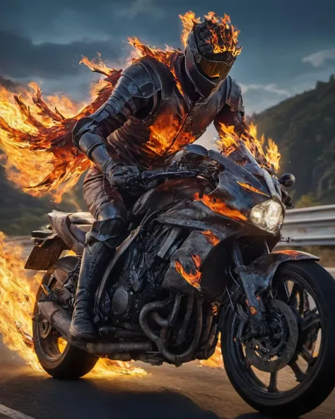 hyperdetailed photography,masterpiece,awardwinning,128k uhd,cndrlord,man in flaming armor on a motorbike driving on a highway ,<lora:lordofcinders:0.8>,raw photo,sharp focus,bokeh,epic,official art