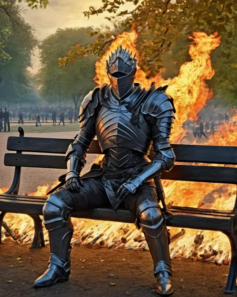 hyperdetailed photography,masterpiece,awardwinning,128k uhd,cndrlord,a man in a armor sitting on the bench in the park <lora:lordofcinders:0.6>,burning trees in the background