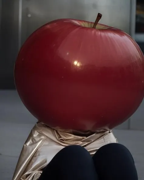 cinematic portrait of a woman sitting wrapped up in a trashbag, wearing big round red (ballhood) shiny red apple fruit head <lora:ballhoodv2:1>