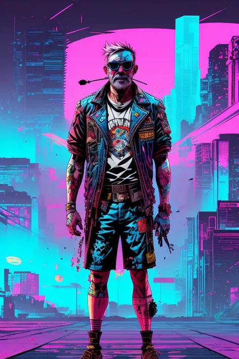 swpunk synthwave paint splatters, chaos, masterpiece, best quality, ultra-detailed, old man, cyborg, wearing baggy_blue_shorts and a tie, smile, big teeth, confused, full body, thin legs, skinny legs, bold lines