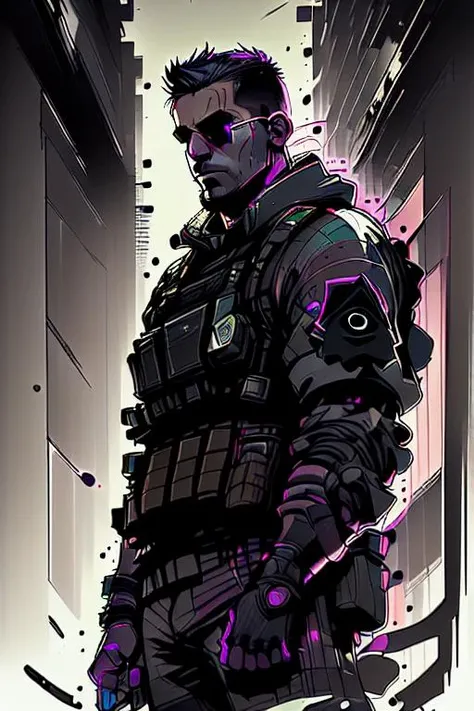 protodarkglow, shadow, illustration of USA soldier looking down on a ruined city, <lora:ProtoDarkGlow:1>, swpunk, paint splatters, from above