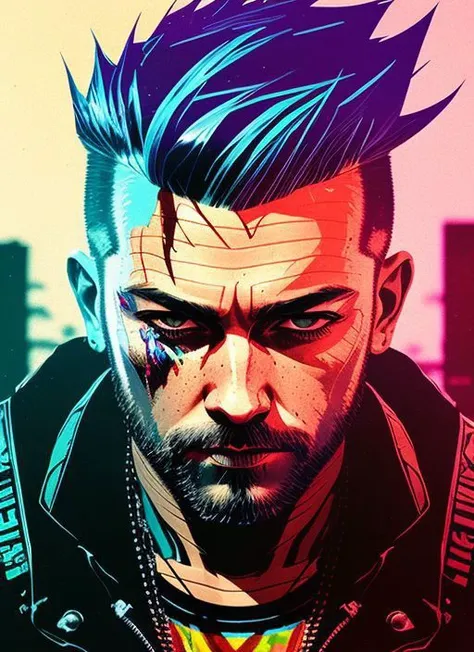 swpunk style,
A stunning intricate full color portrait of a grizzled man with a faux hawk,
synthwave lightgeo and light rays,
wearing a black leather vest,
epic character composition,
thick strokes with paint splatters,
by ilya kuvshinov, alessio albi, nina masic,
sharp focus, natural lighting, subsurface scattering, f2, 35mm, film grain