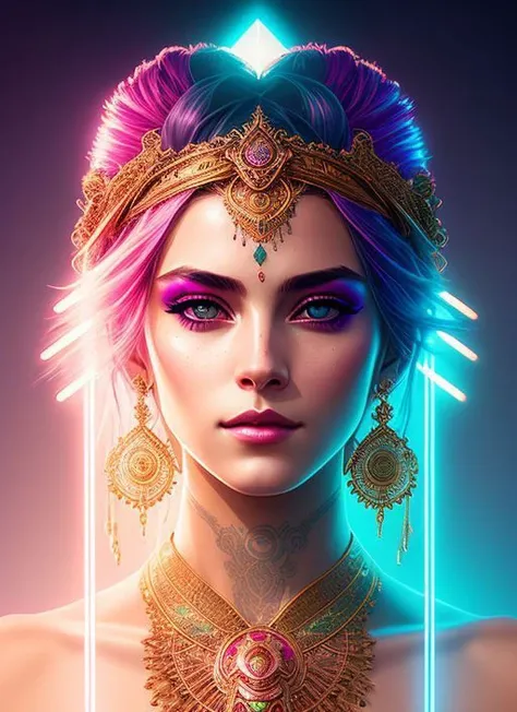 (swpunk style:1) synthwave portrait of a woman as a beautiful goddess, light rays, light bands, lightgeo, beautiful intricate filegrid facepaint, intricate, elegant, highly detailed, digital painting, concept art