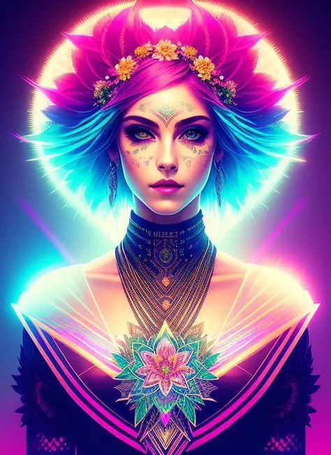 (swpunk style:1.1) (symmetry:1.1) (portrait of floral:1.05) a woman as a beautiful synthwave goddess, piercing green eyes, (light rays, light bands, lightgeo:1.1), beautiful intricate filegrid facepaint, intricate, elegant, highly detailed
