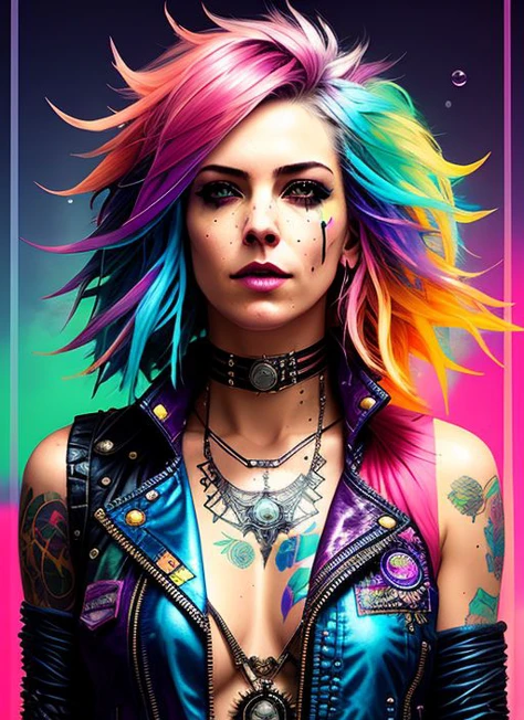 swpunk style synthwavedrunken beautiful woman as delirium from sandman, (hallucinating colorful soap bubbles), by jeremy mann, by sandra chevrier, by dave mckean and richard avedon and maciej kuciara, punk rock, tank girl, high detailed, 8k