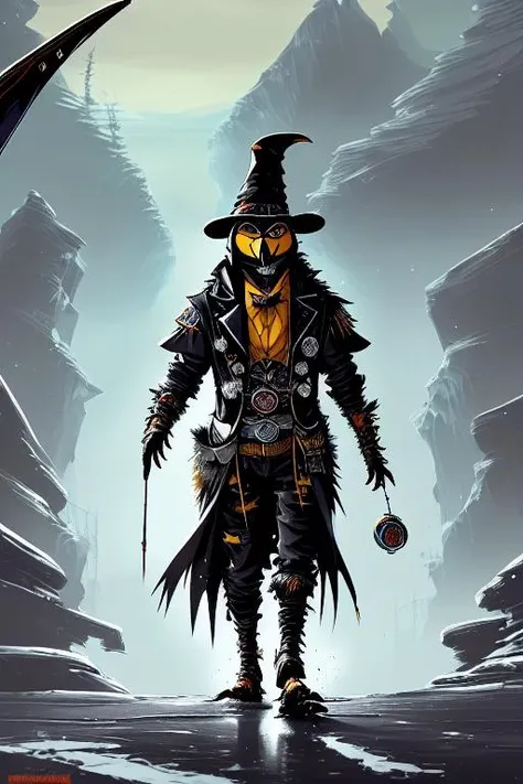 paint splatters, (((Anthropomorphic witchdocter penguin))), full body view, Siberian forest background,
a highly detailed epic cinematic concept art , rim lit, style Warwick Goble Daisuke Moriyama