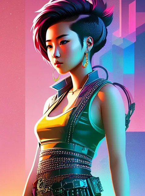 swpunk, full body portrait of a beautiful young Mongolian lady, short hair, (sci-fi:1.2), masterpiece, intense shadows, ambient light, illustration, (thick outlines:1.2),