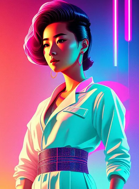 synthwave, full body portrait of a beautiful young Mongolian lady, short hair, (sci-fi:1.2), masterpiece, intense shadows, ambient light, illustration, (thick outlines:1.2),