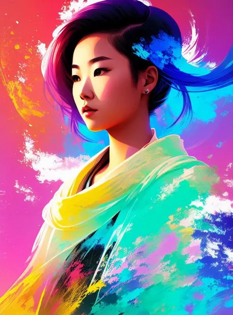 paint splatters, full body portrait of a beautiful young Mongolian lady, short hair, (sci-fi:1.2), masterpiece, intense shadows, ambient light, illustration, (thick outlines:1.2),