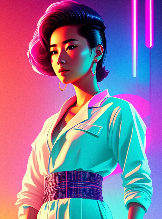 synthwave, full body portrait of a beautiful young Mongolian lady, short hair, (sci-fi:1.2), masterpiece, intense shadows, ambient light, illustration, (thick outlines:1.2),