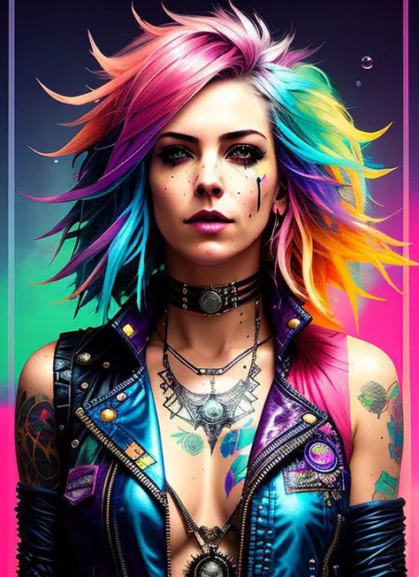 swpunk style synthwavedrunken beautiful woman as delirium from sandman, (hallucinating colorful soap bubbles), by jeremy mann, by sandra chevrier, by dave mckean and richard avedon and maciej kuciara, punk rock, tank girl, high detailed, 8k