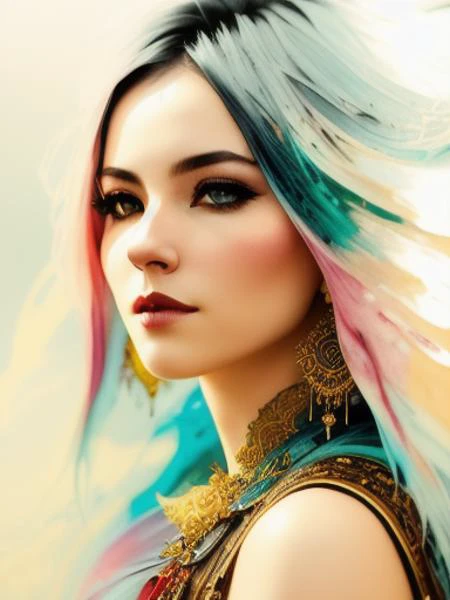 Colorful beautiful woman: Black ink flow: photorealistic masterpiece: by Aaron Horkey and Jeremy Mann: intricately detailed fluid gouache painting: by Jean Baptiste Mongue: calligraphy: acrylic: watercolor art, professional photography, natural lighting, volumetric lighting maximalist photoillustration: by marton bobzert: 8k resolution concept art intricately detailed, complex, elegant, expansive, fantastical